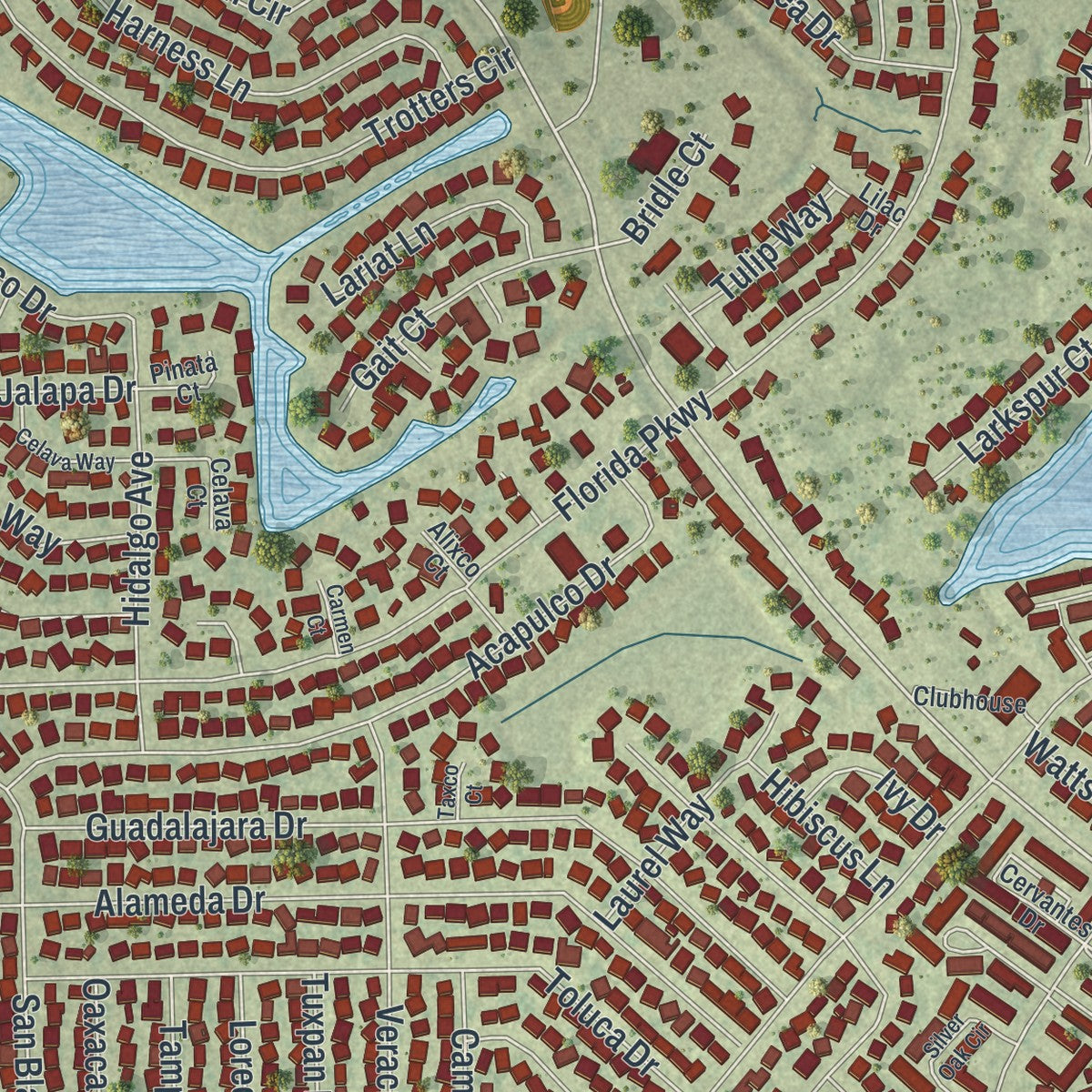 Close-up of the map of Buenaventura Lakes, Florida print showing street and building detail