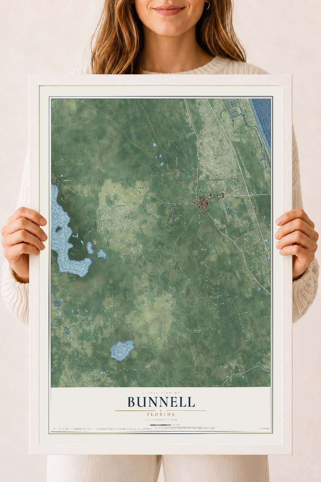 Bunnell, Florida map print, 18" x 24" W/ White Ayous Wood Frame mockup