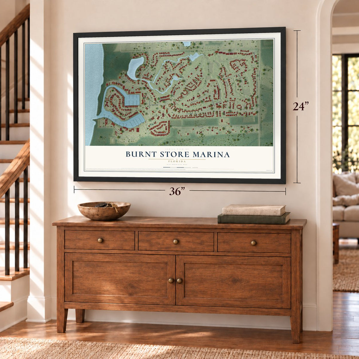 Burnt Store Marina, Florida map, 24 x 36 inch print in a black frame above a dresser by a staircase