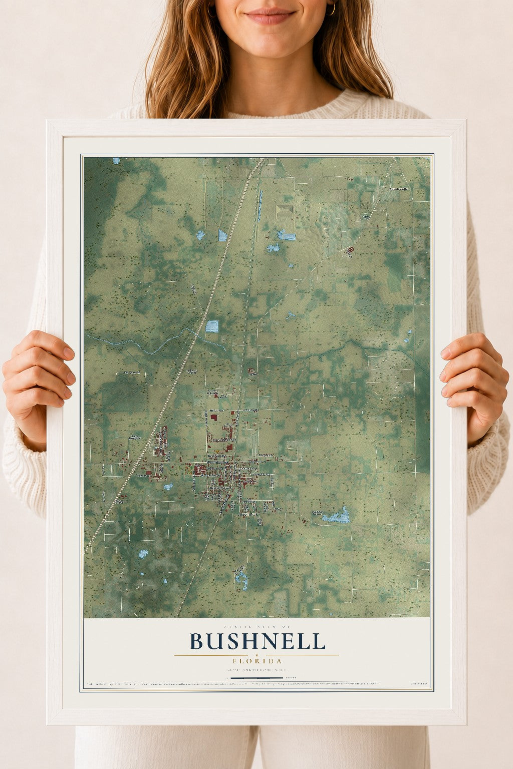 Bushnell, Florida map print, 18" x 24" W/ White Ayous Wood Frame mockup