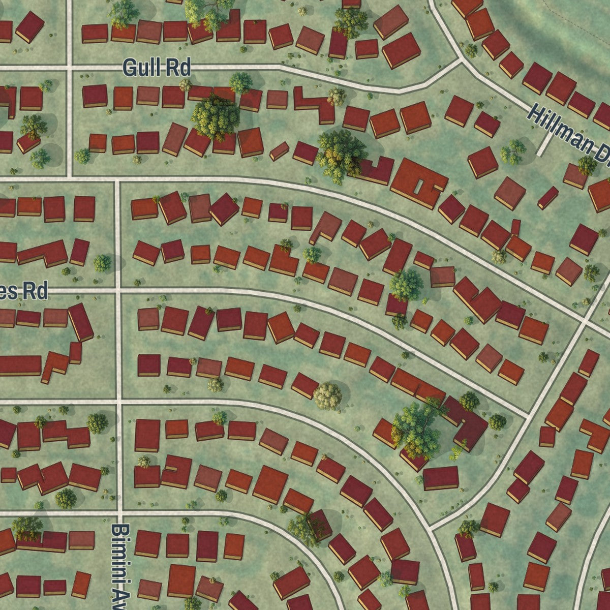 Close-up of the map of Cabana Colony, Florida print showing street and building detail
