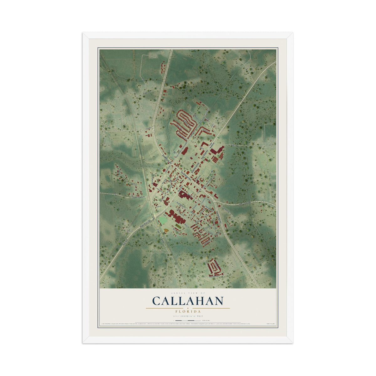 Callahan, Florida map print, 12" x 18" W/ White Ayous Wood Frame mockup