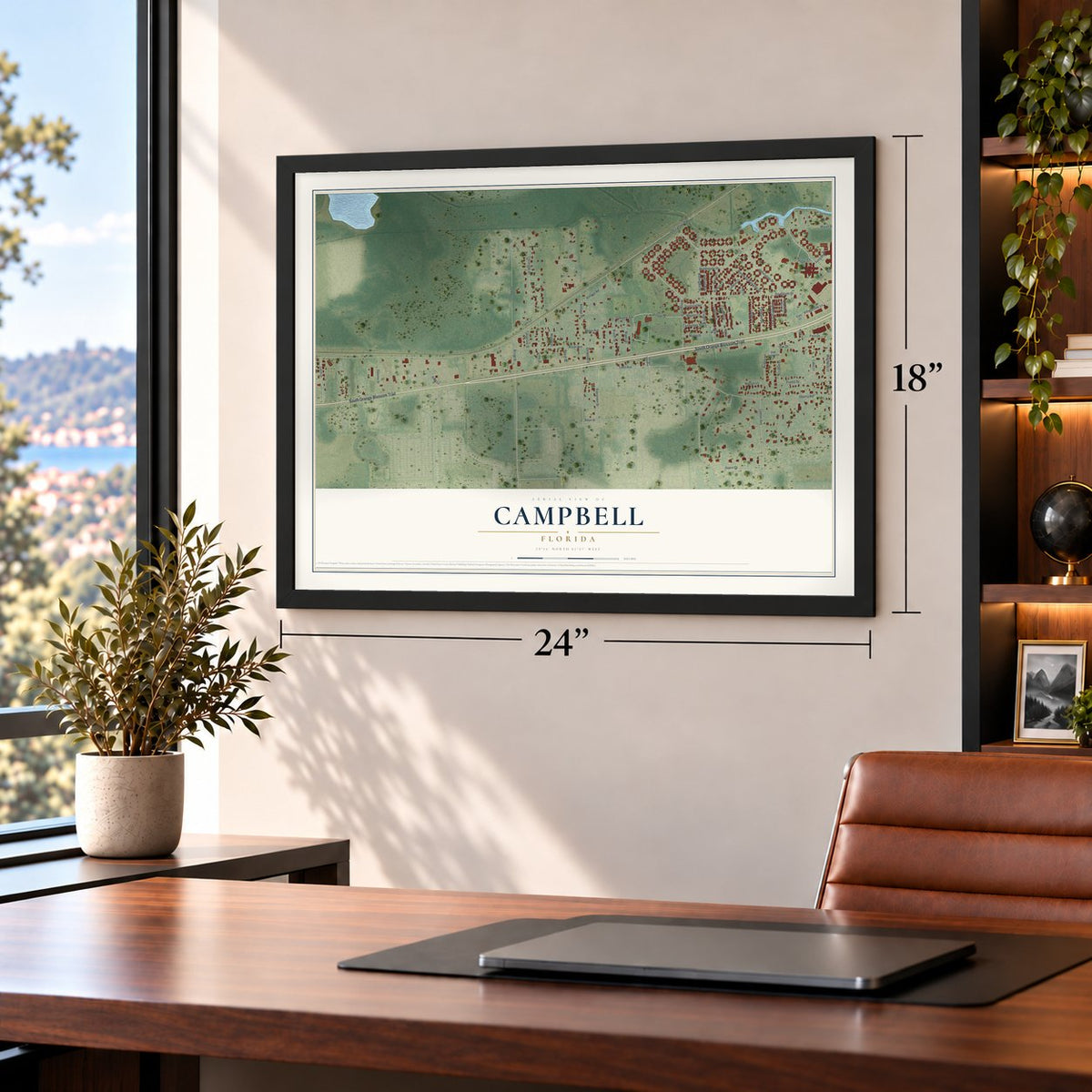 Campbell, Florida map, 18 x 24 inch print in a black frame in a home office