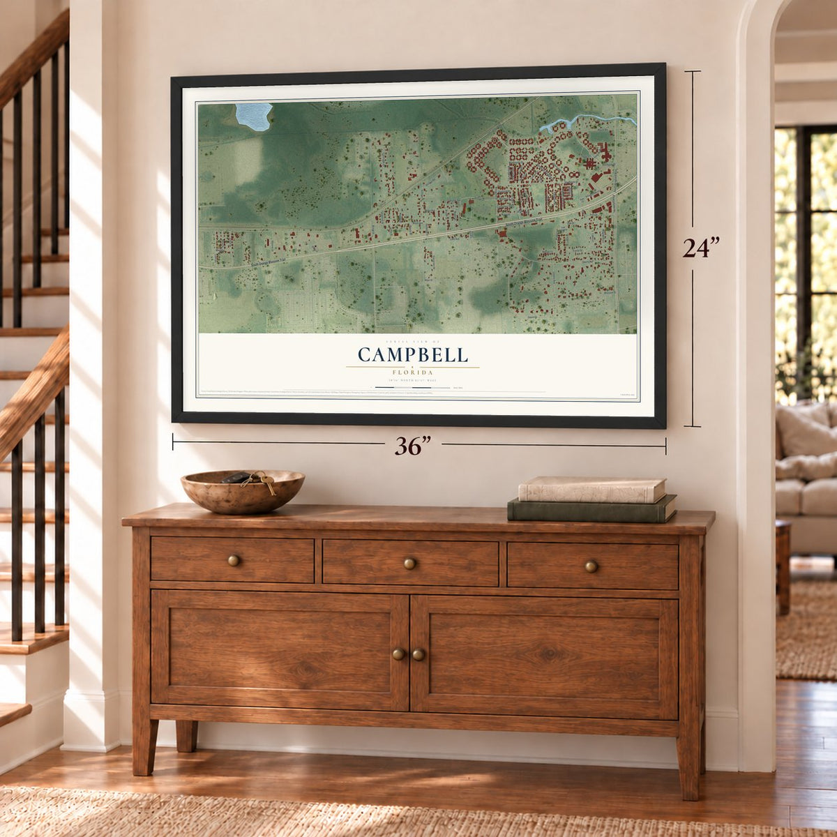 Campbell, Florida map, 24 x 36 inch print in a black frame above a dresser by a staircase