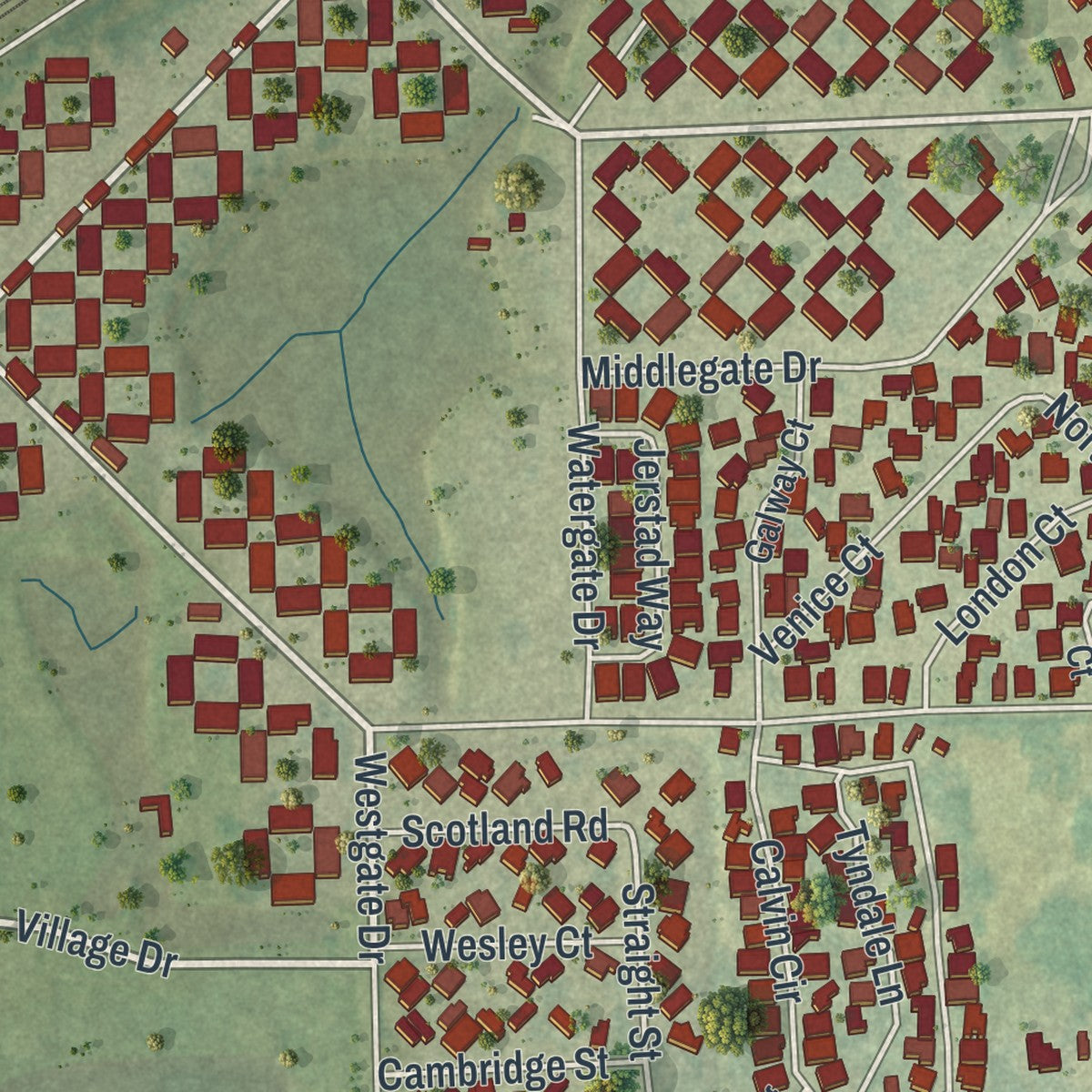 Close-up of the map of Campbell, Florida print showing street and building detail