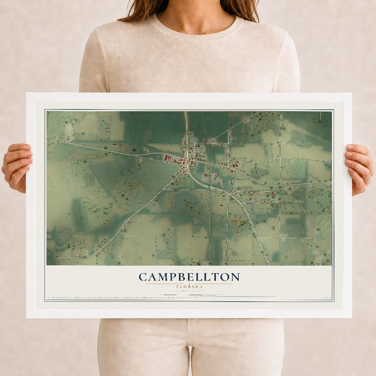 Campbellton, Florida map print, 12" x 18" W/ White Ayous Wood Frame mockup