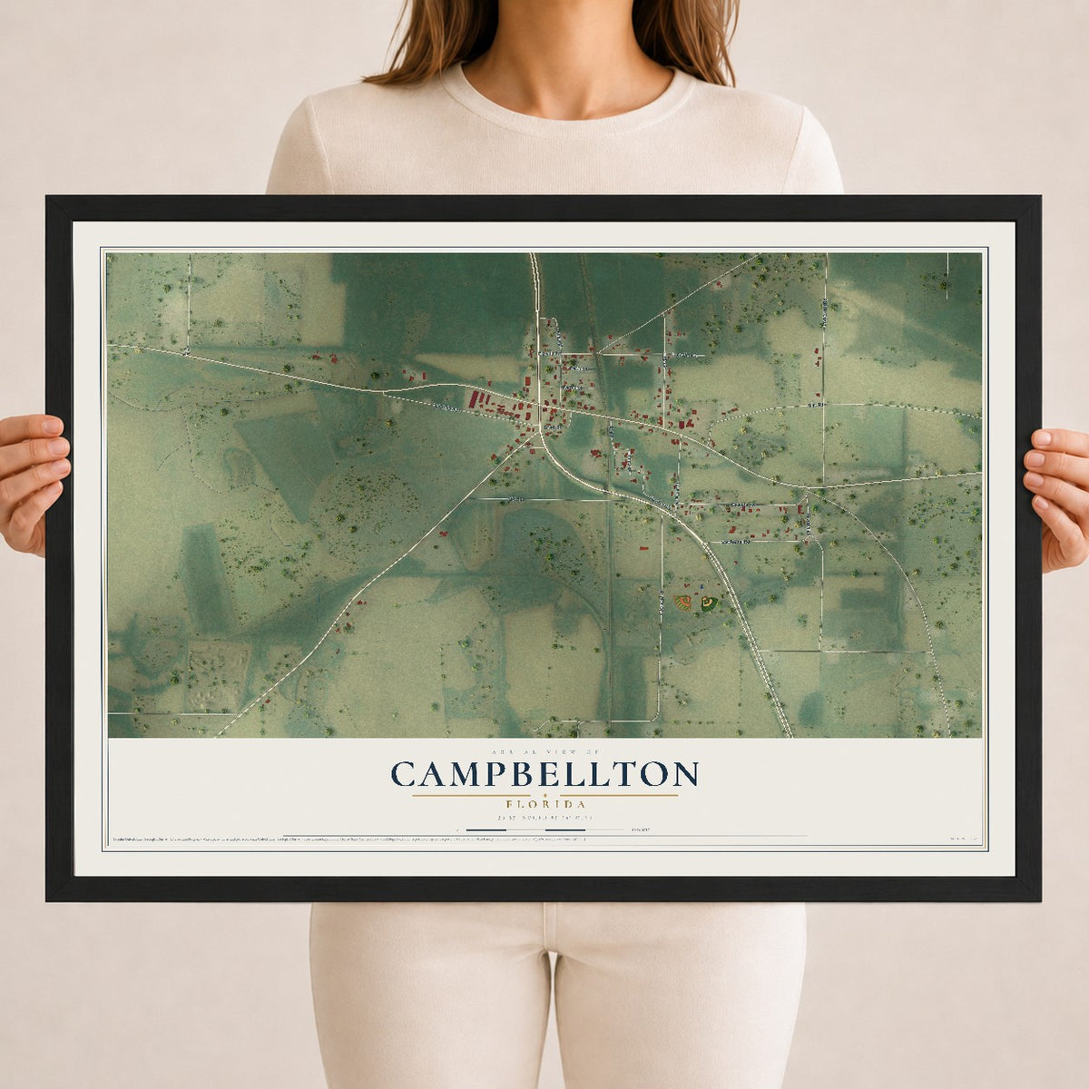 Campbellton, Florida map print, 18" x 24" W/ Black Ayous Wood Frame mockup