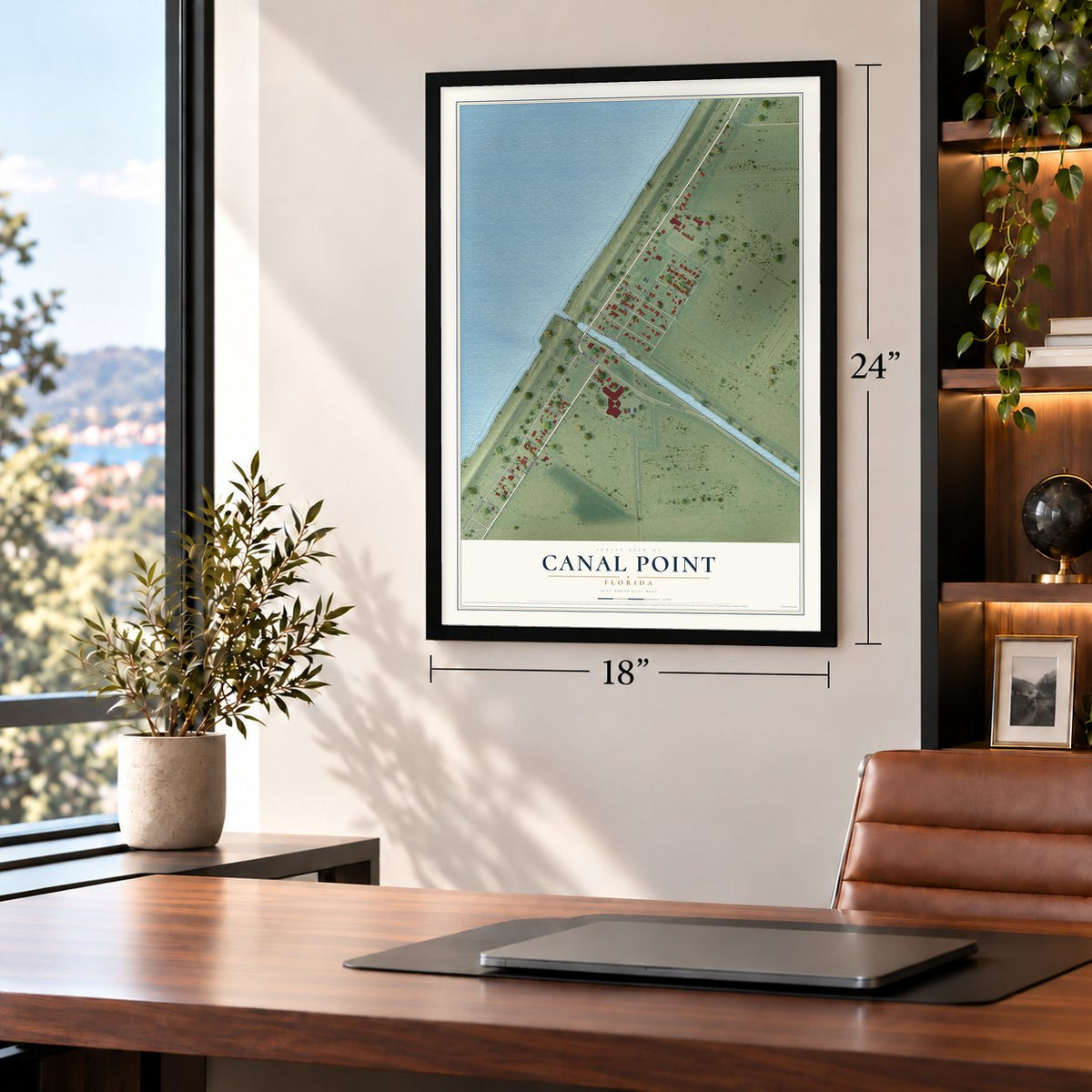 Canal Point, Florida map, 18 x 24 inch print in a black frame in a home office