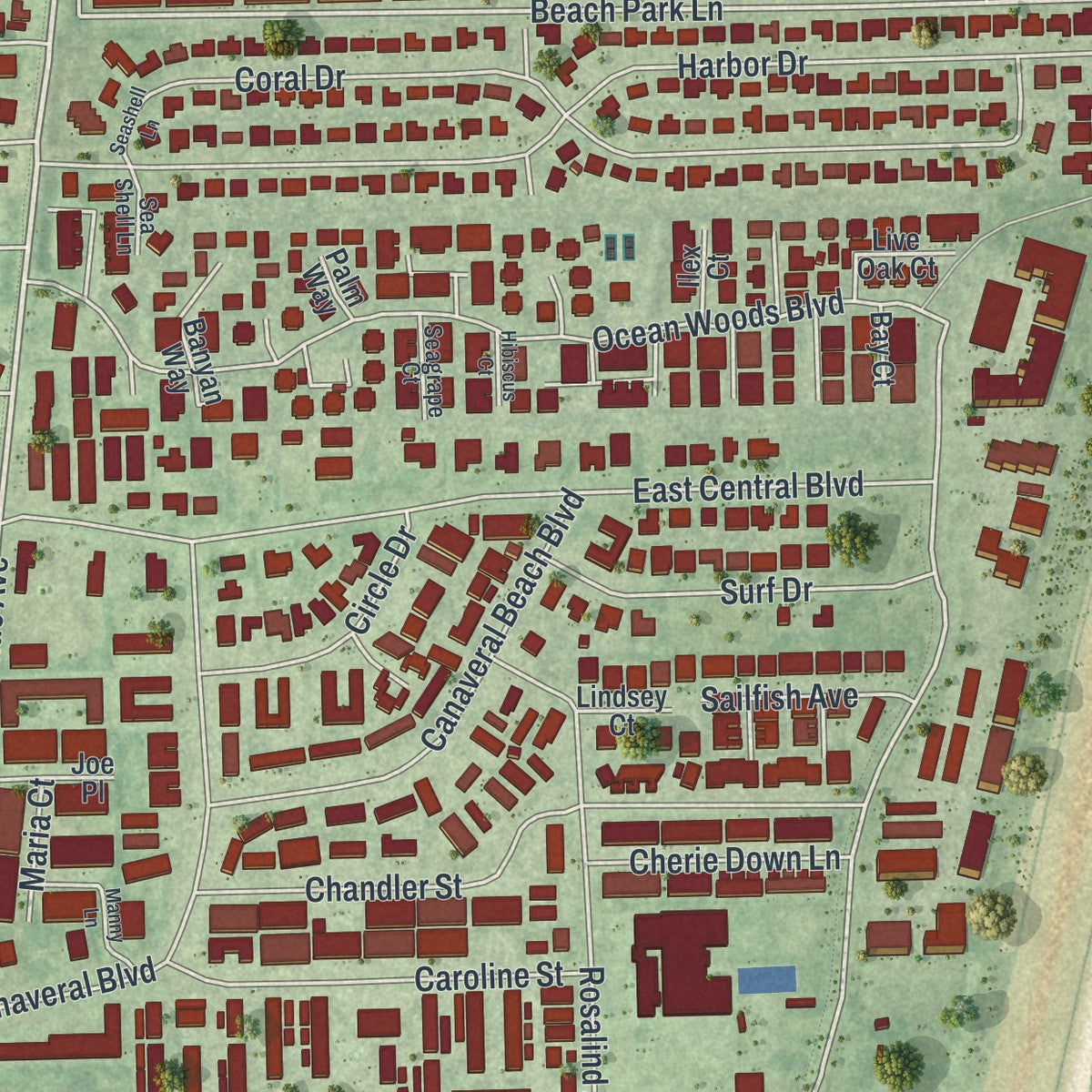 Close-up 1 of the Cape Canaveral, Florida map artwork