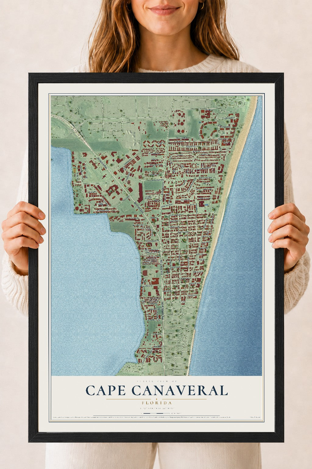 Cape Canaveral, Florida map print, 18" x 24" W/ Black Ayous Wood Frame mockup