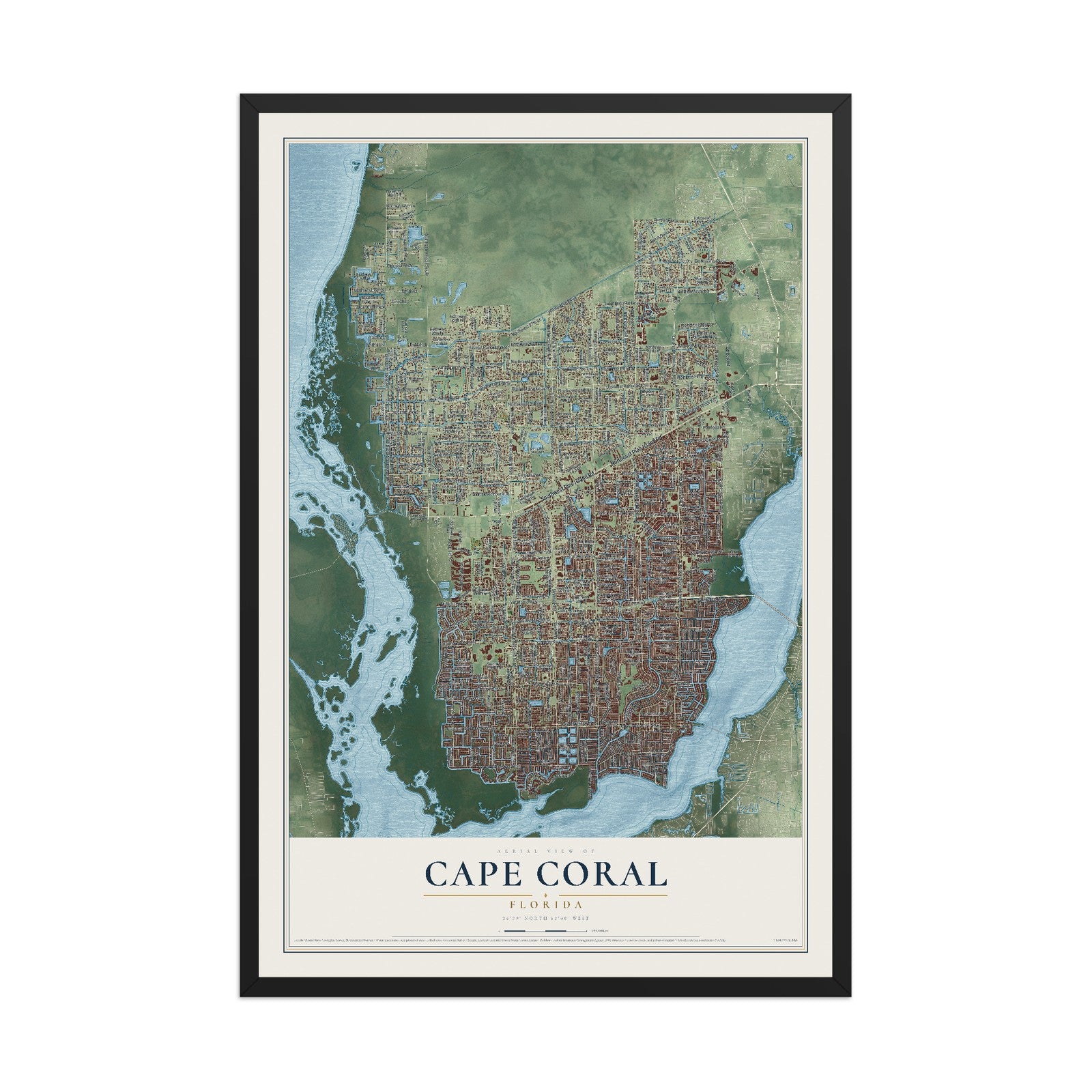 Cape Coral, Florida map print, 12" x 18" W/ Black Ayous Wood Frame mockup