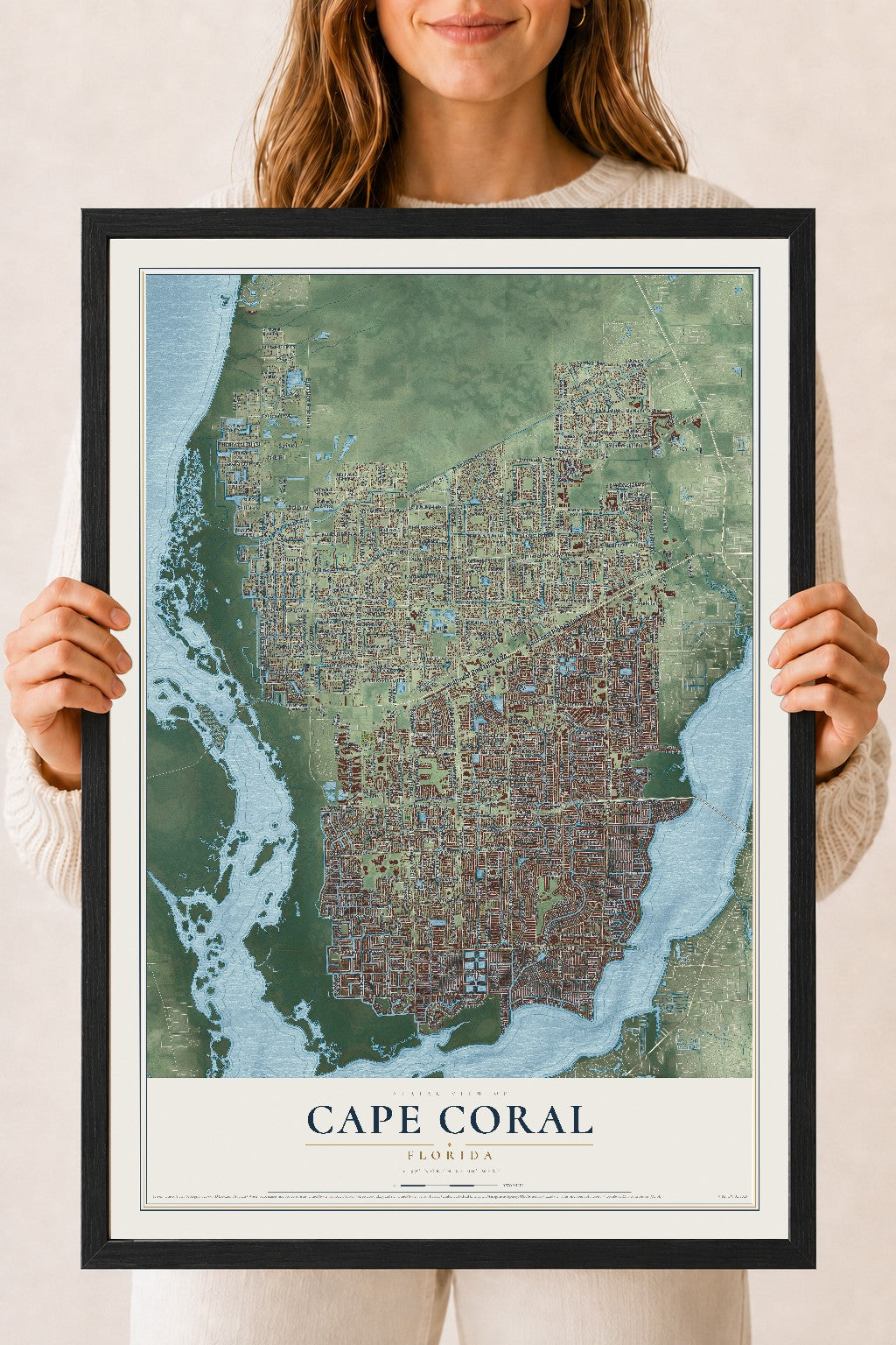 Cape Coral, Florida map print, 18" x 24" W/ Black Ayous Wood Frame mockup
