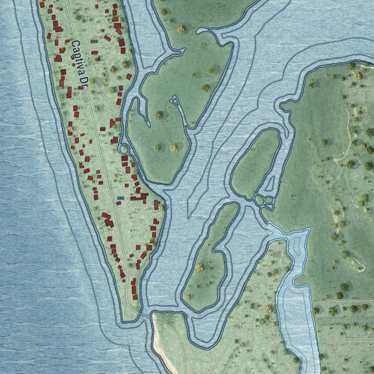 Close-up of the map of Captiva, Florida print showing street and building detail