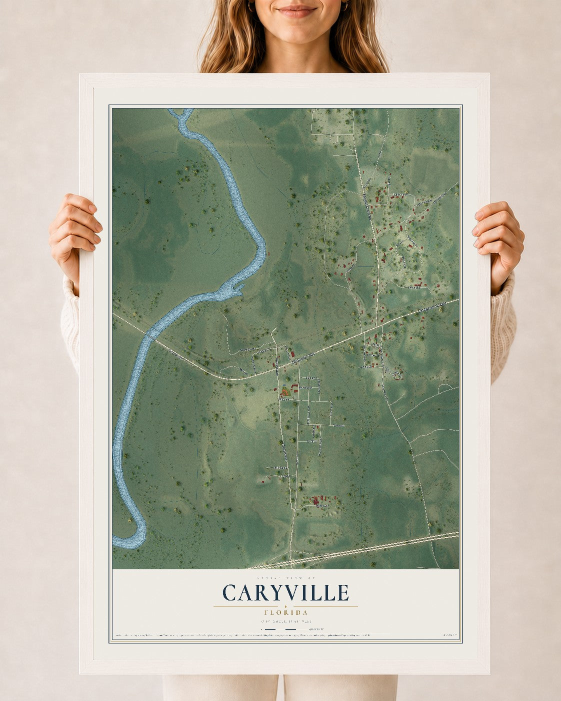 Caryville, Florida map print, 24" x 36" W/ White Ayous Wood Frame mockup