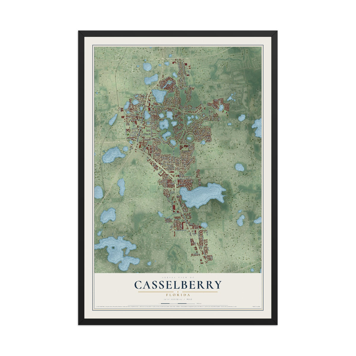 Casselberry, Florida map print, 12" x 18" W/ Black Ayous Wood Frame mockup
