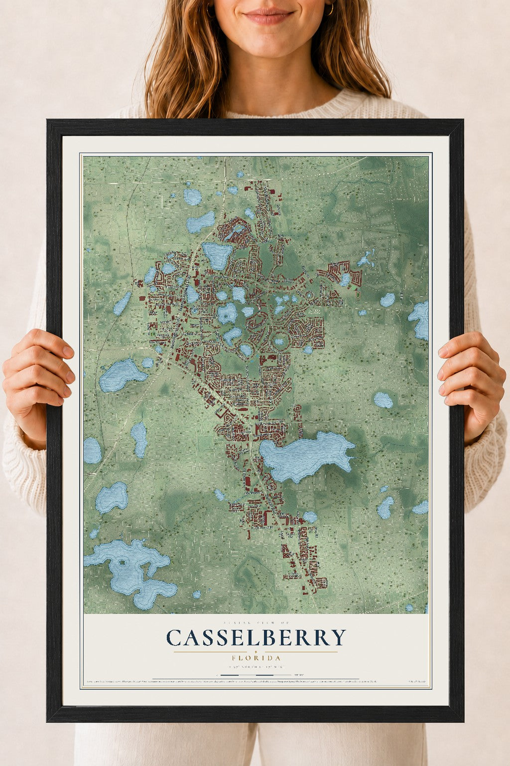 Casselberry, Florida map print, 18" x 24" W/ Black Ayous Wood Frame mockup