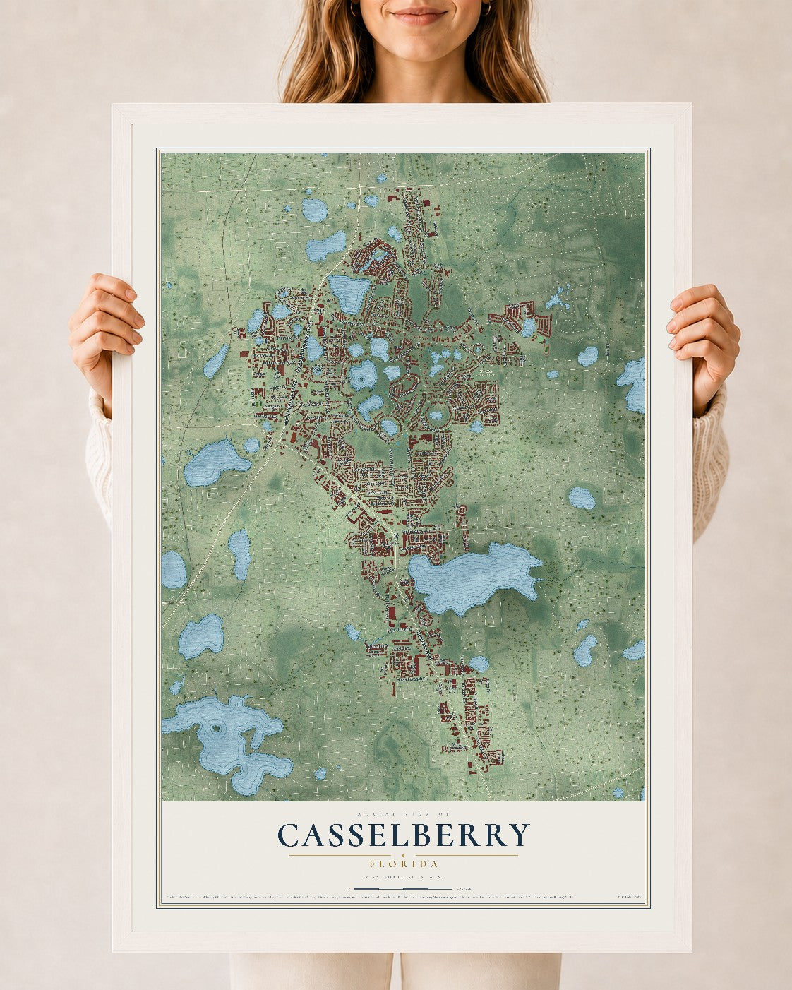 Casselberry, Florida map print, 24" x 36" W/ White Ayous Wood Frame mockup