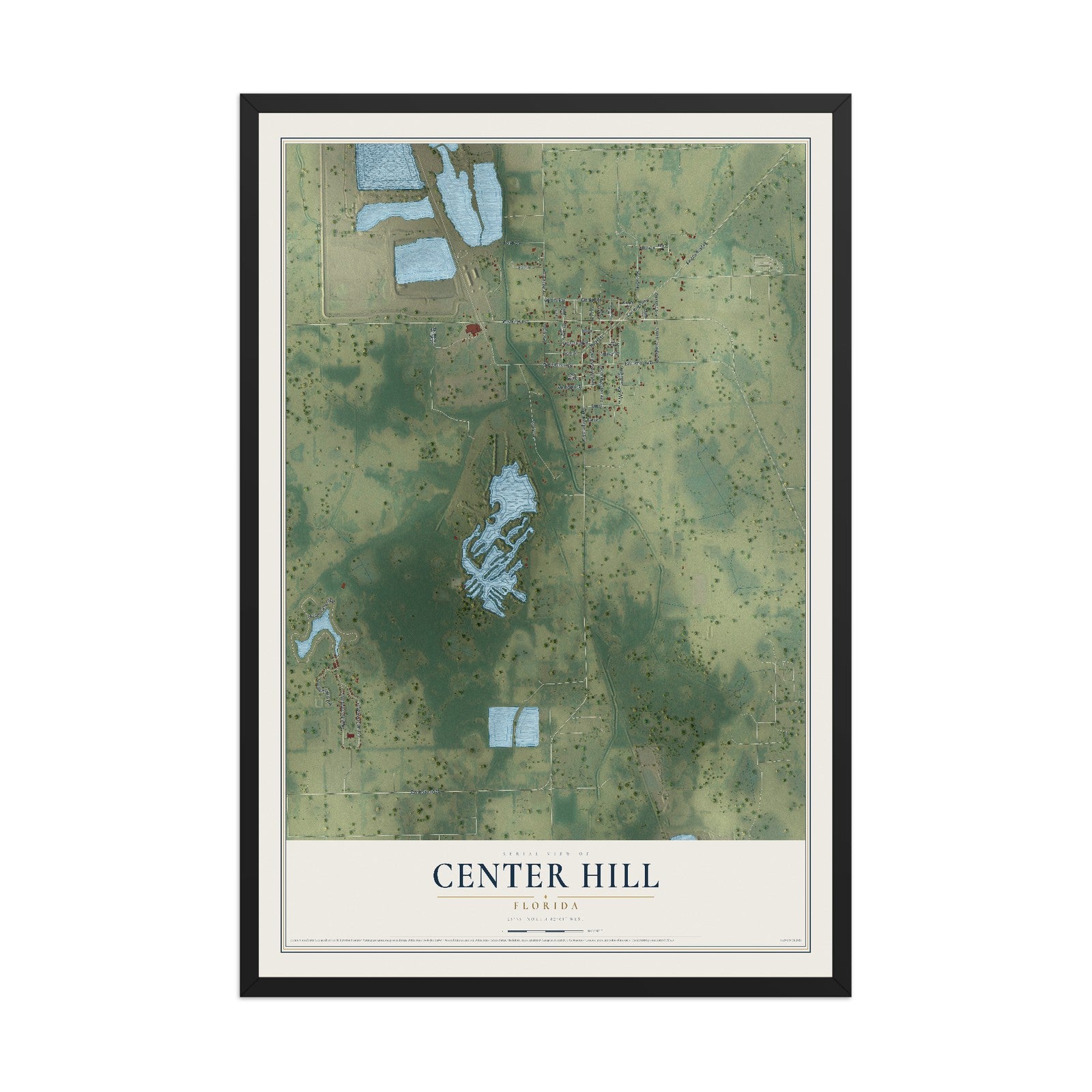 Center Hill, Florida map print, 12" x 18" W/ Black Ayous Wood Frame mockup