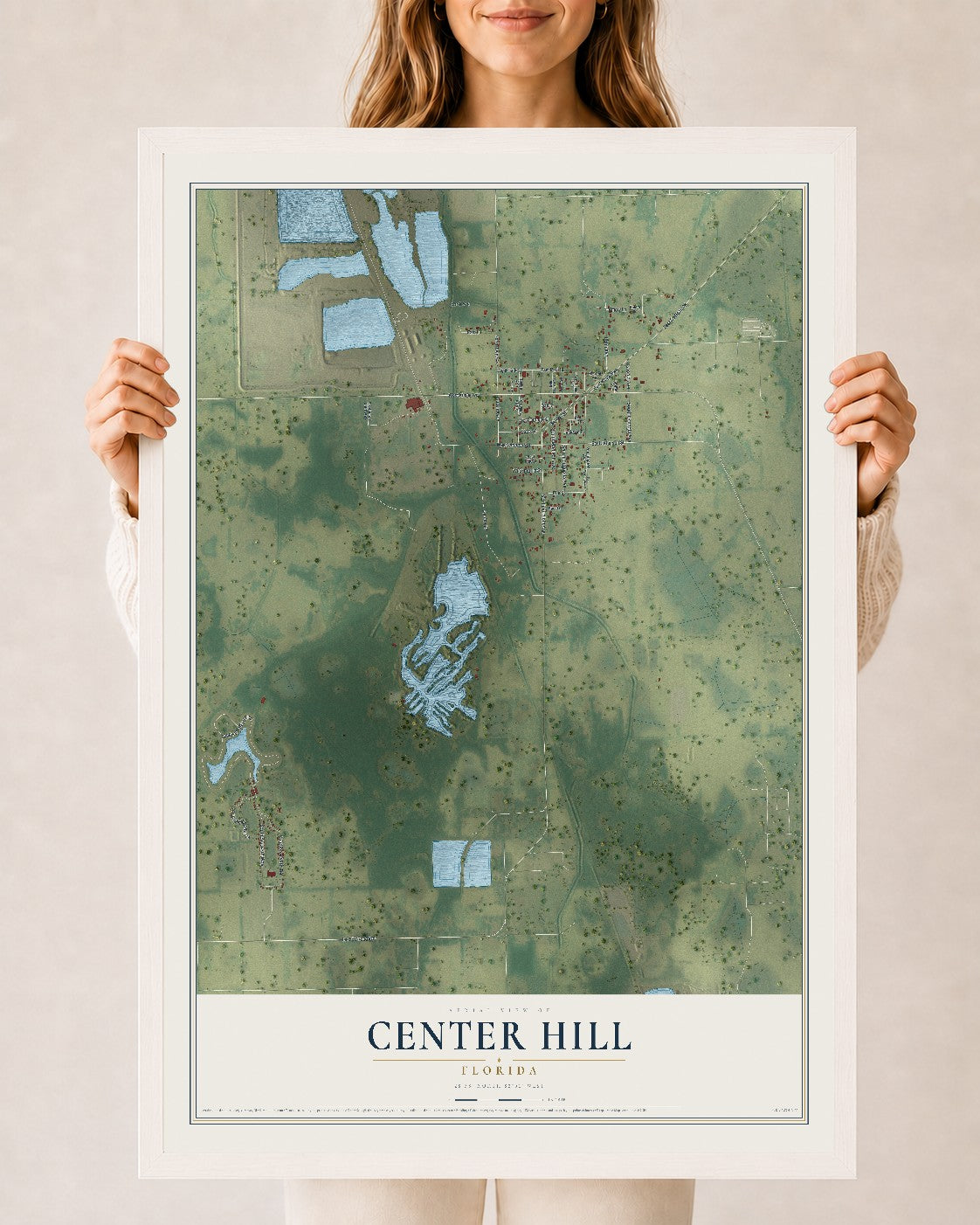 Center Hill, Florida map print, 24" x 36" W/ White Ayous Wood Frame mockup