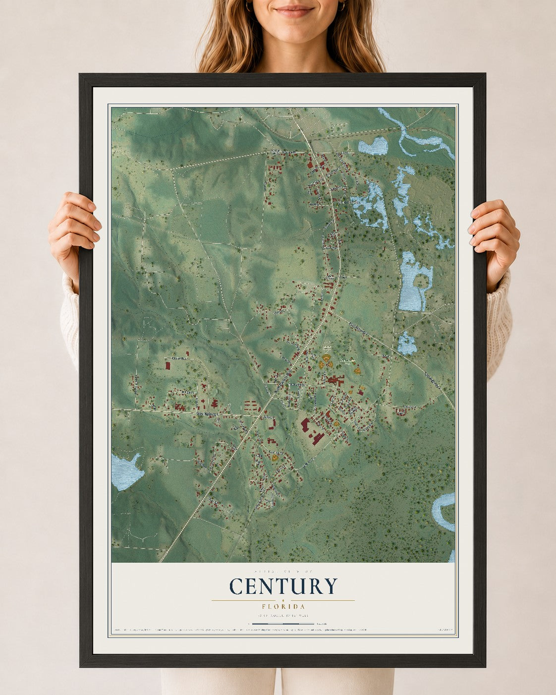 Century, Florida map print, 24" x 36" W/ Black Ayous Wood Frame mockup