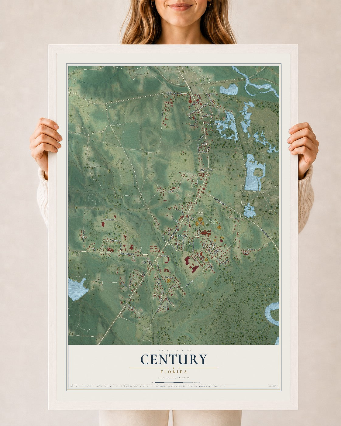 Century, Florida map print, 24" x 36" W/ White Ayous Wood Frame mockup