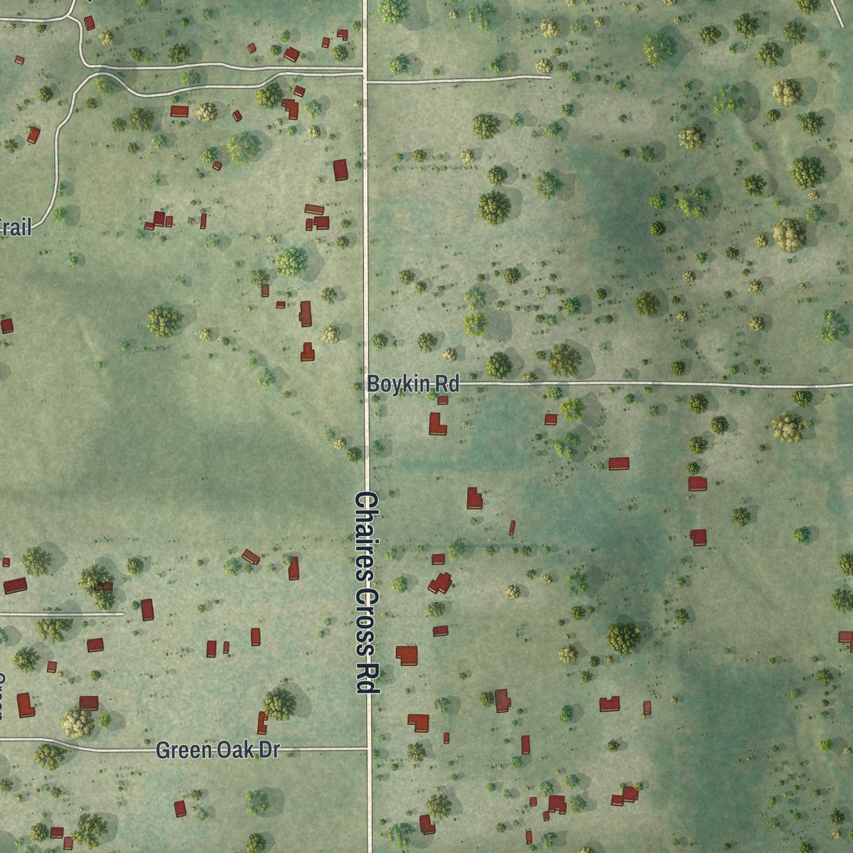 Close-up of the map of Chaires, Florida print showing street and building detail