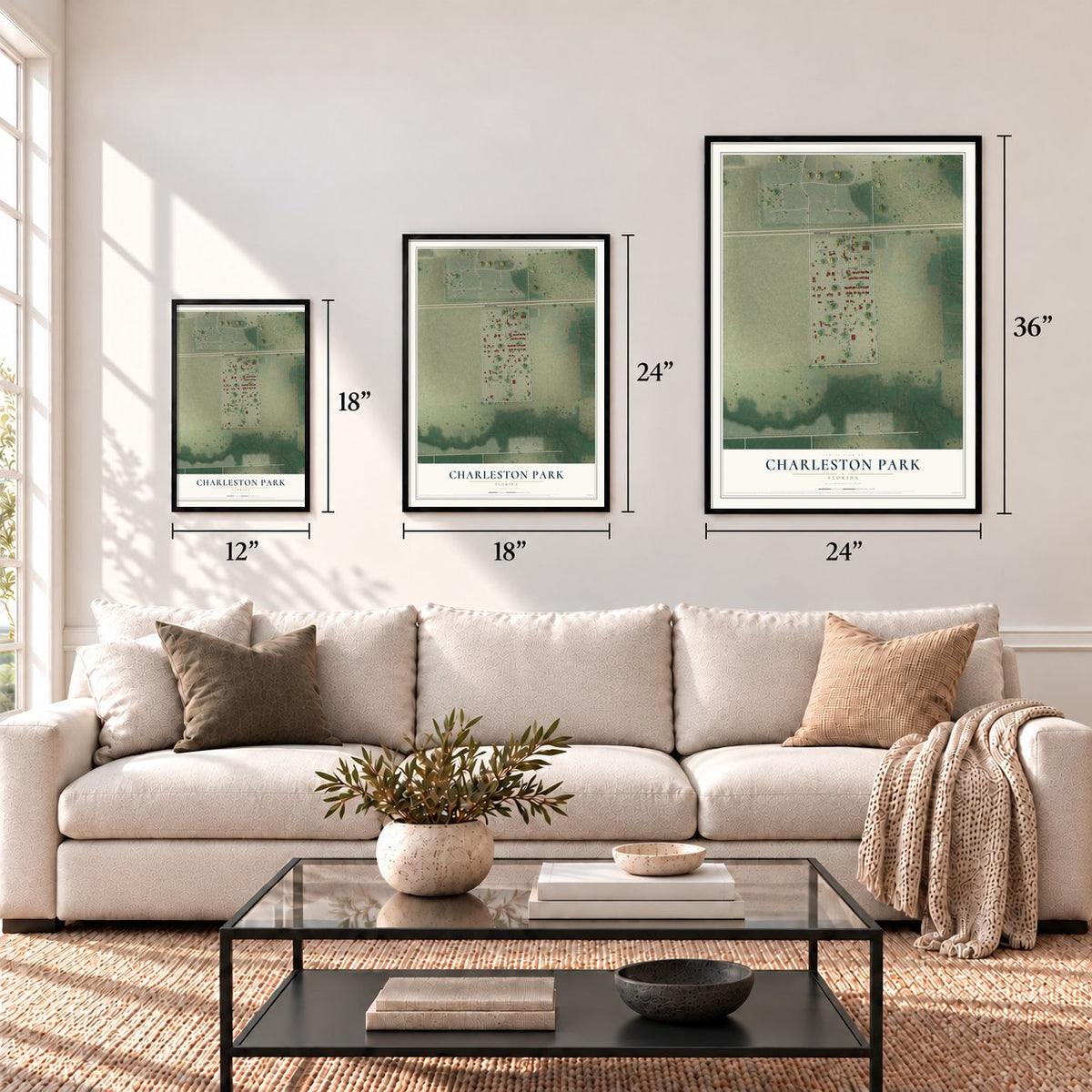 Charleston Park, Florida map in 12 x 18, 18 x 24 and 24 x 36 inch sizes above a sofa