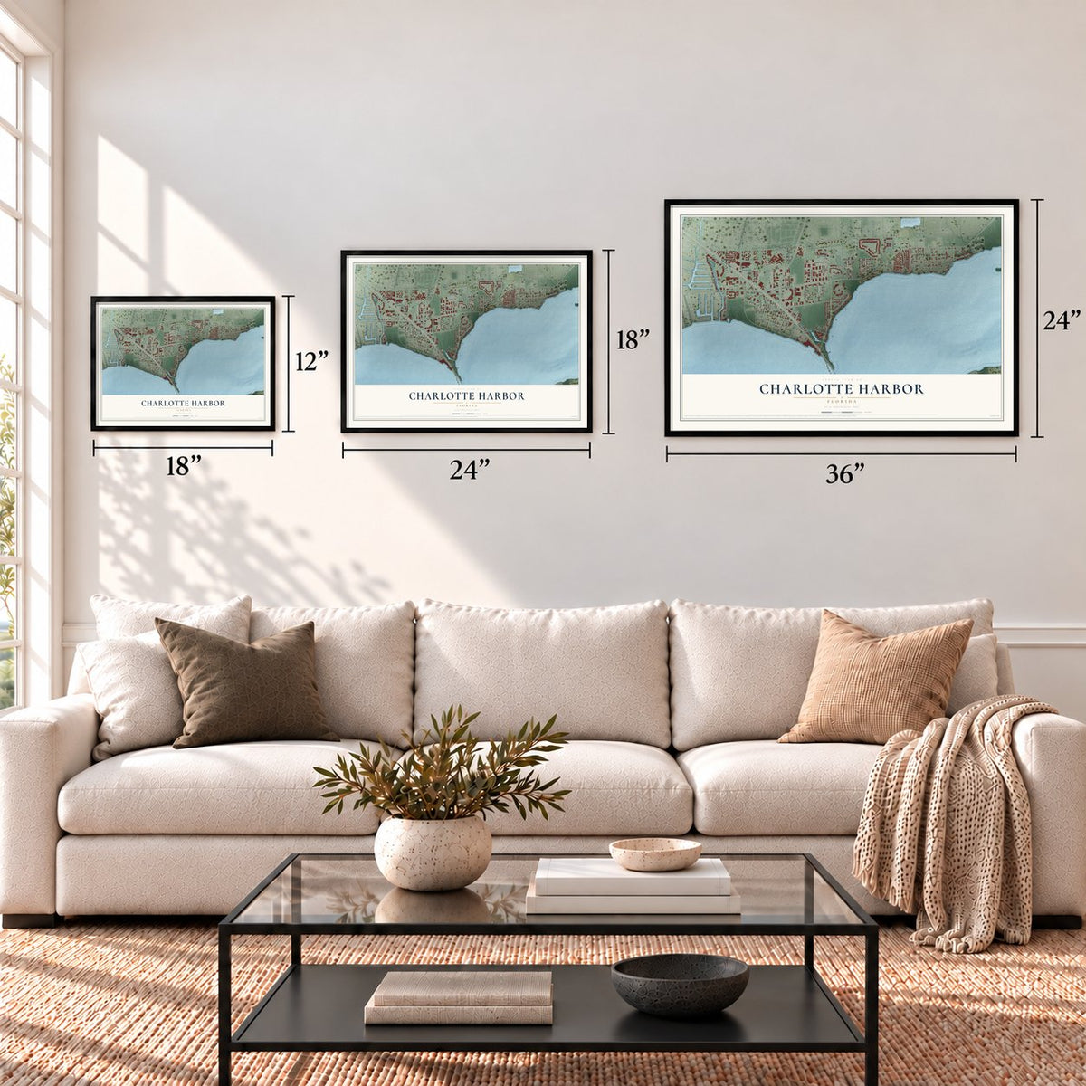 Charlotte Harbor, Florida map in 12 x 18, 18 x 24 and 24 x 36 inch sizes above a sofa