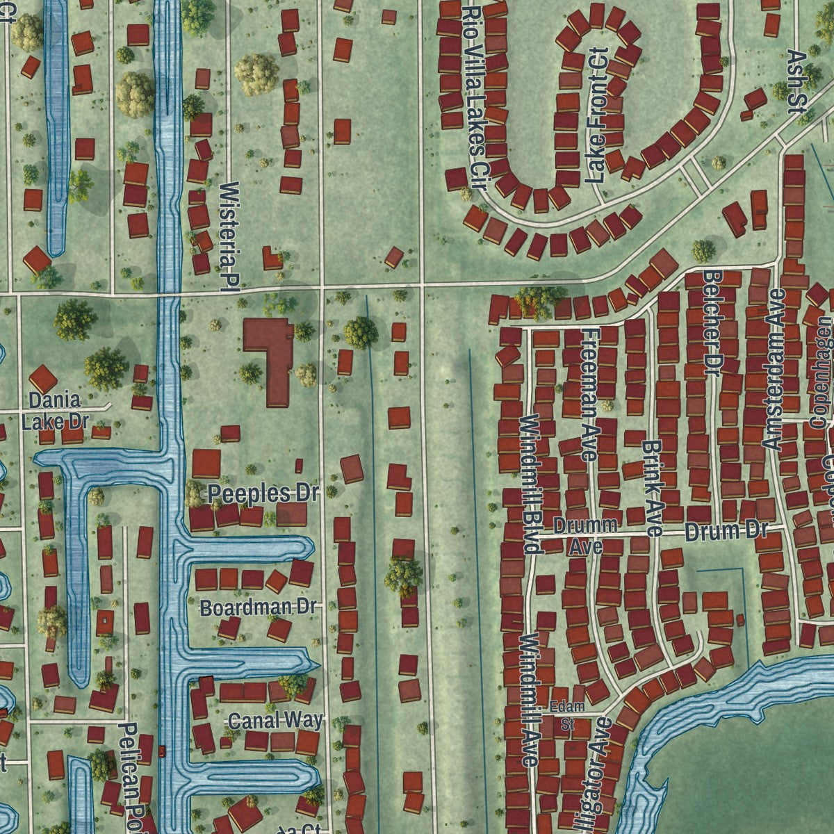 Close-up of the map of Charlotte Park, Florida print showing street and building detail