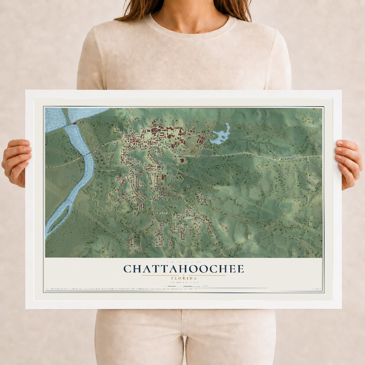 Chattahoochee, Florida map print, 12" x 18" W/ White Ayous Wood Frame mockup