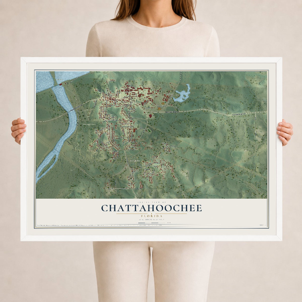 Chattahoochee, Florida map print, 24" x 36" W/ White Ayous Wood Frame mockup