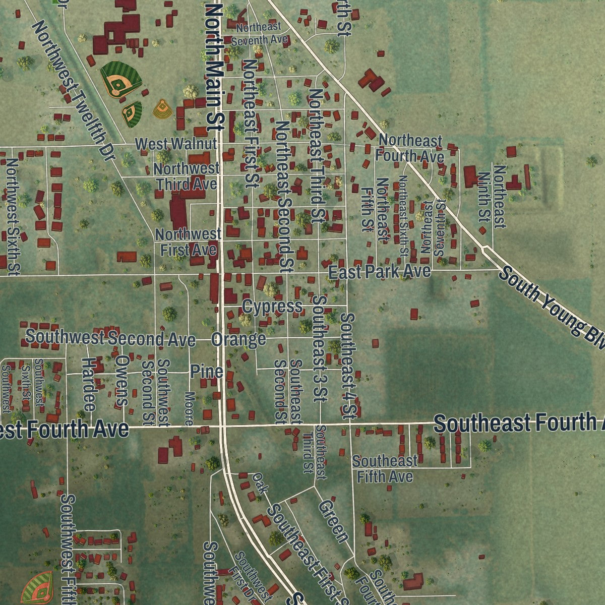 Close-up 1 of the Chiefland, Florida map artwork