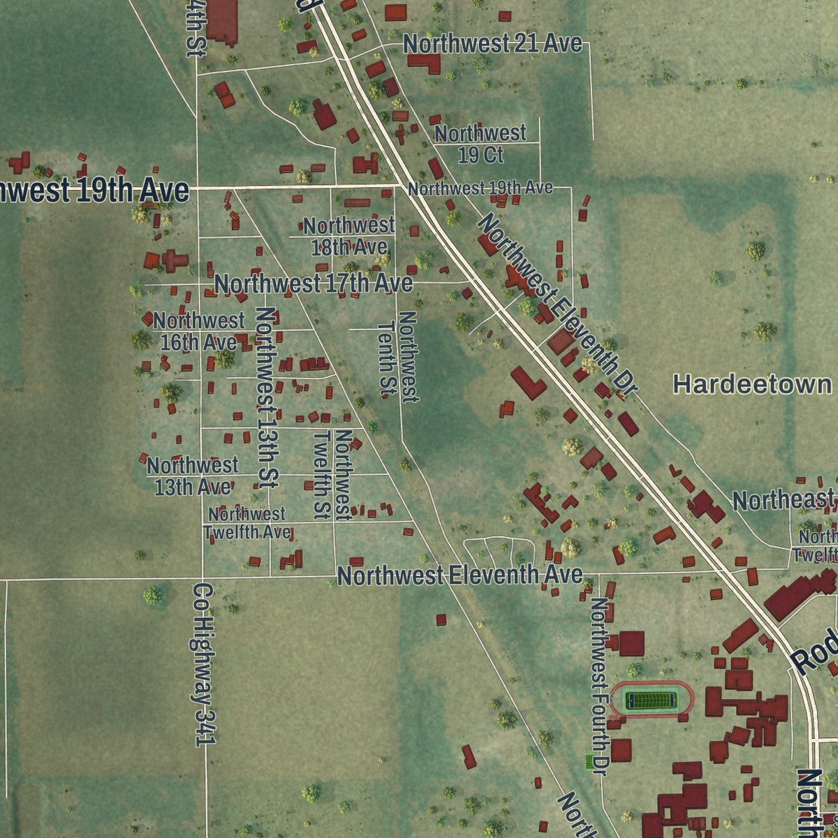 Close-up 2 of the Chiefland, Florida map artwork