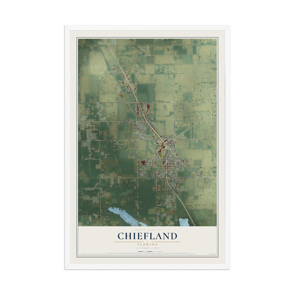 Chiefland, Florida map print, 12" x 18" W/ White Ayous Wood Frame mockup
