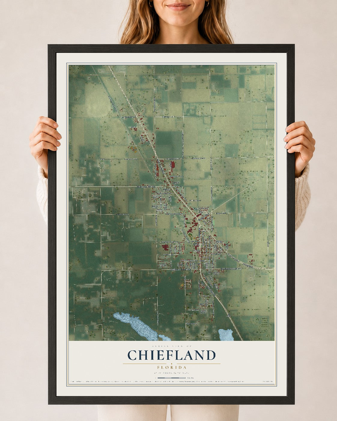 Chiefland, Florida map print, 24" x 36" W/ Black Ayous Wood Frame mockup