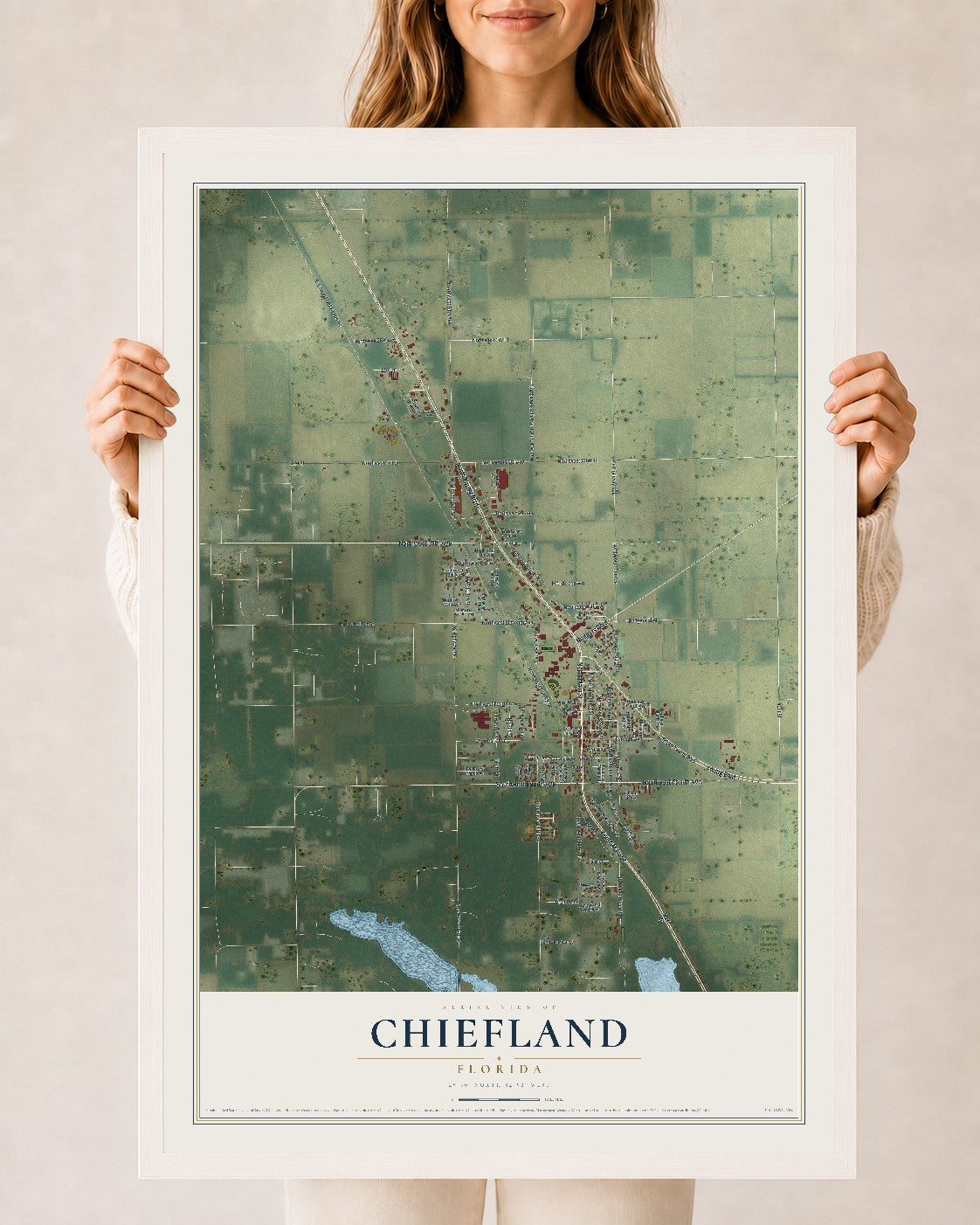 Chiefland, Florida map print, 24" x 36" W/ White Ayous Wood Frame mockup