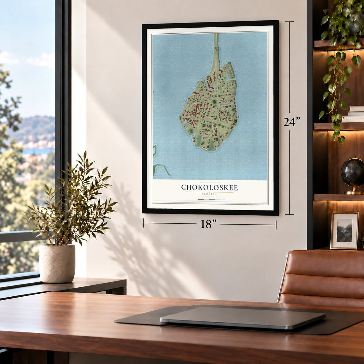 Chokoloskee, Florida map, 18 x 24 inch print in a black frame in a home office