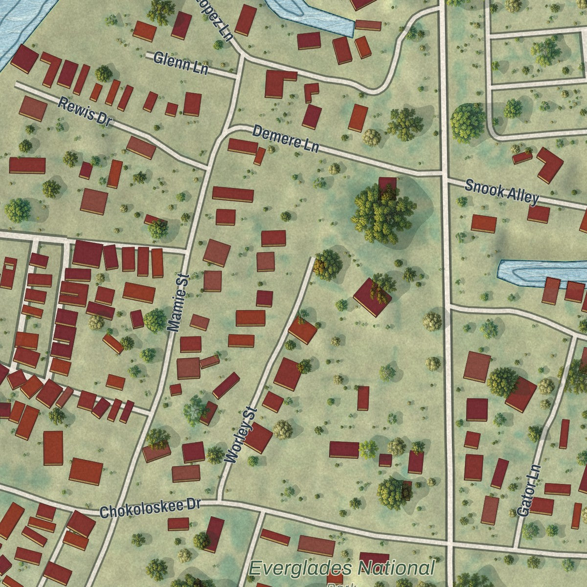 Close-up of the map of Chokoloskee, Florida print showing street and building detail