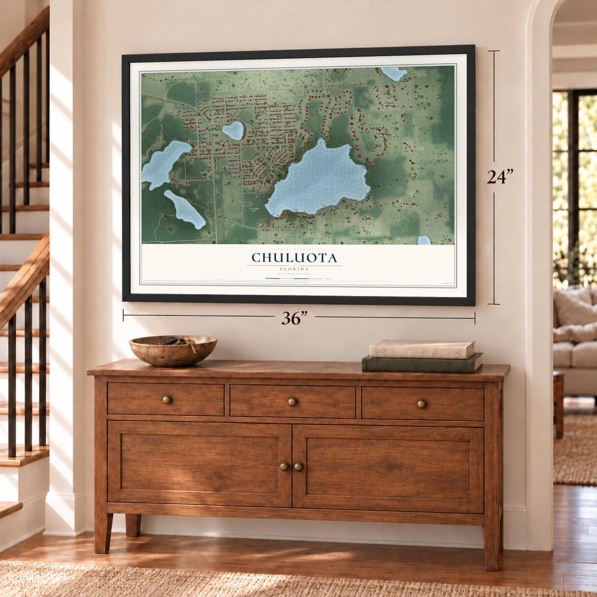 Chuluota, Florida map, 24 x 36 inch print in a black frame above a dresser by a staircase
