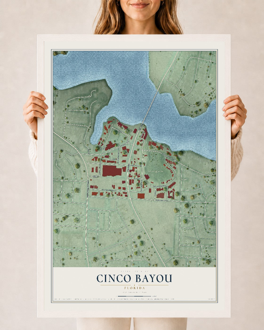 Cinco Bayou, Florida map print, 24" x 36" W/ White Ayous Wood Frame mockup