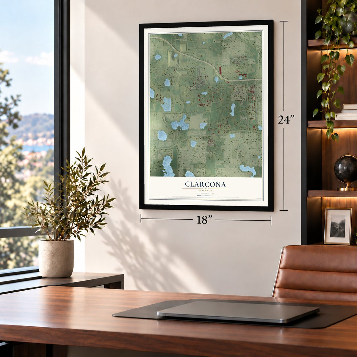 Clarcona, Florida map, 18 x 24 inch print in a black frame in a home office