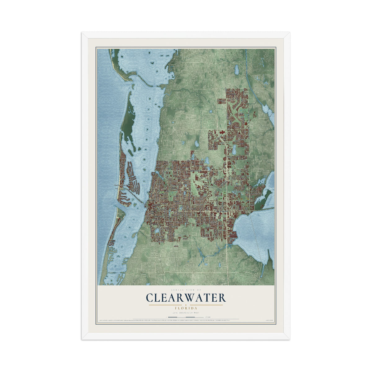 Clearwater, Florida map print, 12" x 18" W/ White Ayous Wood Frame mockup
