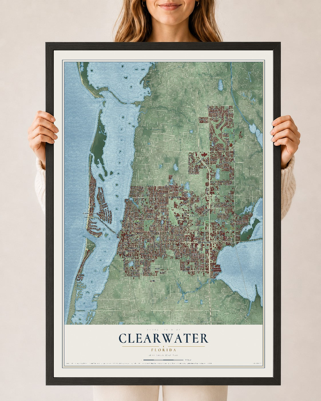 Clearwater, Florida map print, 24" x 36" W/ Black Ayous Wood Frame mockup