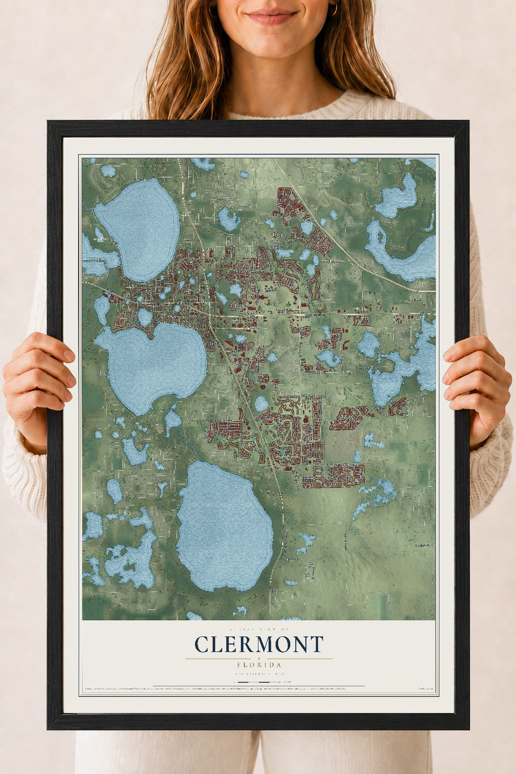 Clermont, Florida map print, 18" x 24" W/ Black Ayous Wood Frame mockup