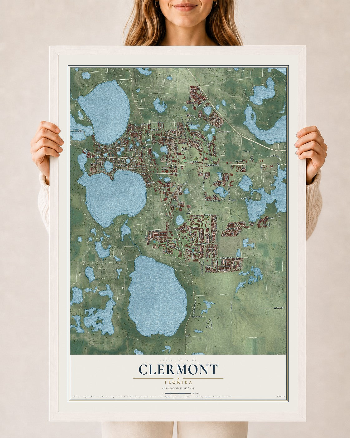 Clermont, Florida map print, 24" x 36" W/ White Ayous Wood Frame mockup