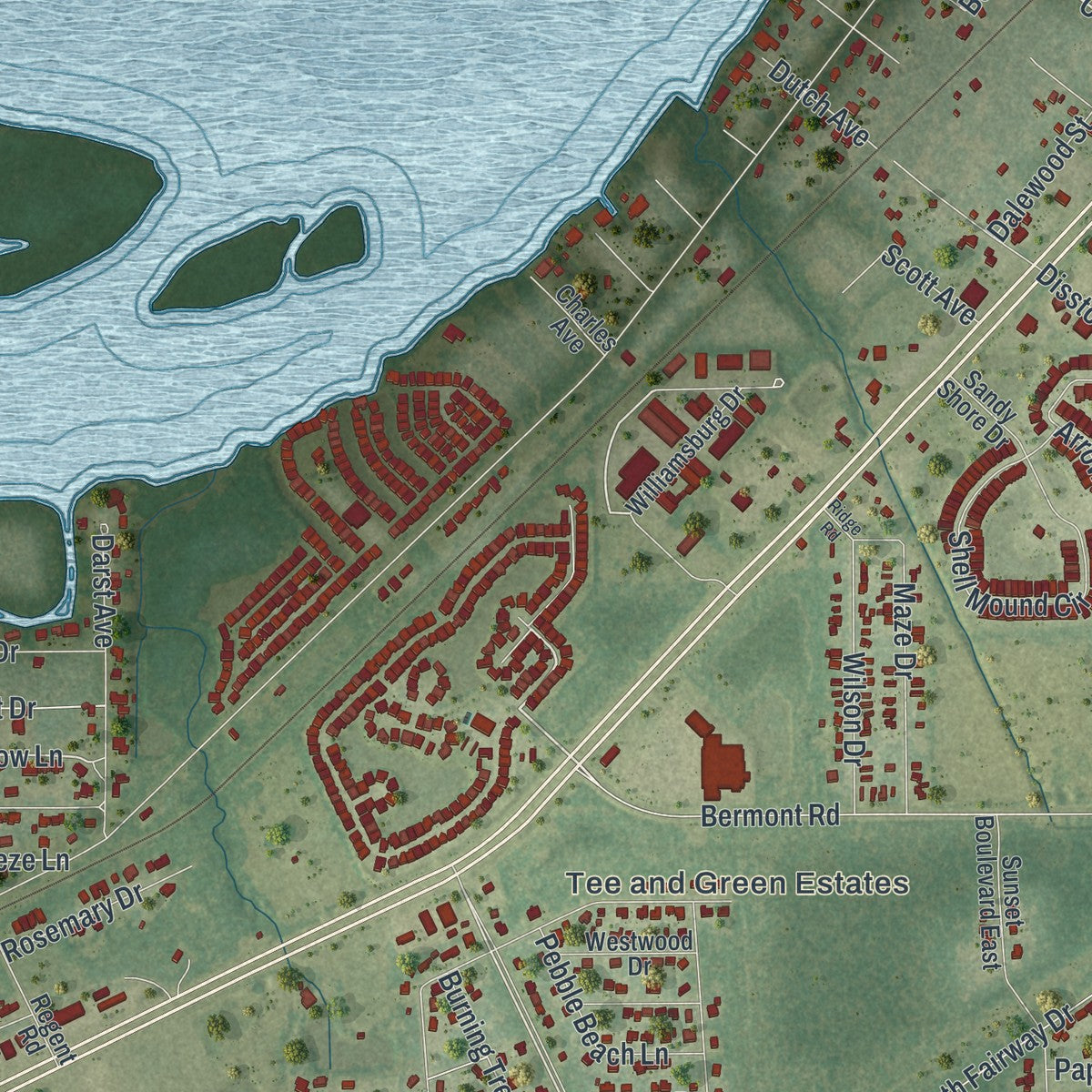 Close-up of the map of Cleveland, Florida print showing street and building detail