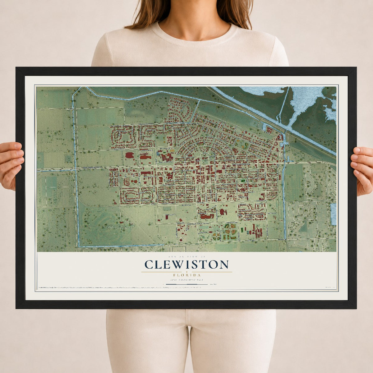 Clewiston, Florida map print, 18" x 24" W/ Black Ayous Wood Frame mockup