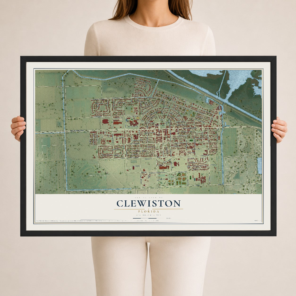 Clewiston, Florida map print, 24" x 36" W/ Black Ayous Wood Frame mockup