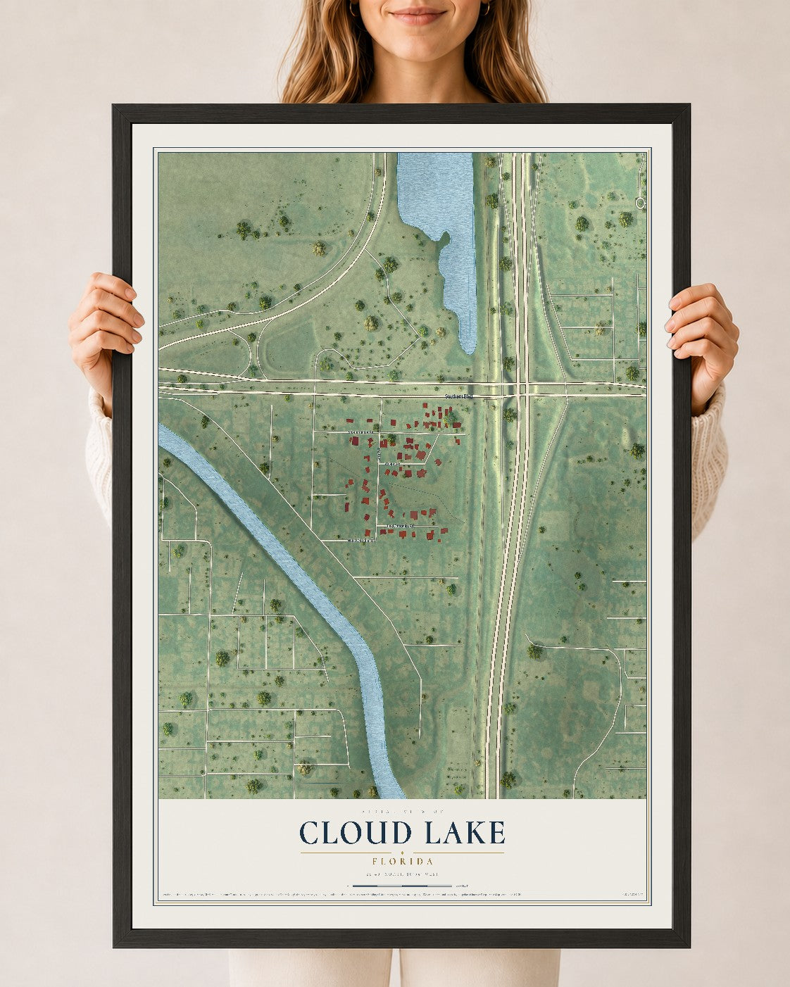 Cloud Lake, Florida map print, 24" x 36" W/ Black Ayous Wood Frame mockup