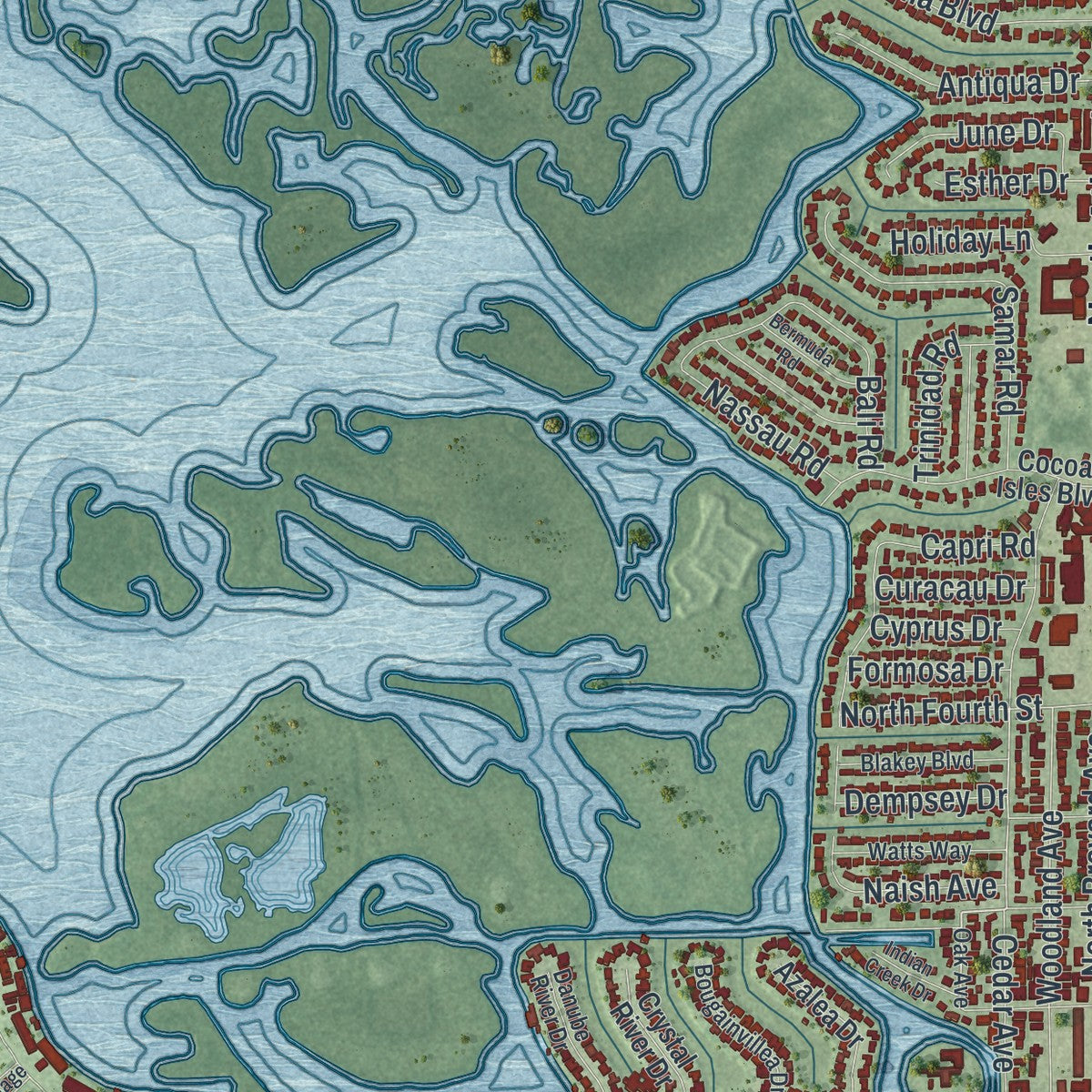 Close-up 1 of the Cocoa Beach, Florida map artwork